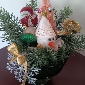 Christmas Green Glass Centerpiece with Snowman and Pink Tree